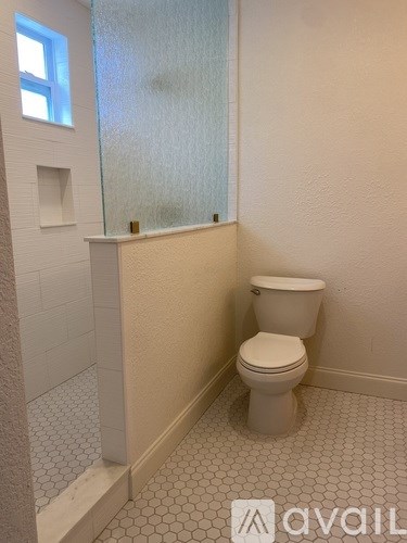 A white toilet in a bathroom with a glass shower door.
