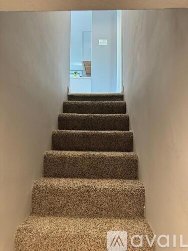 A staircase with a carpeted runner and a white wall on the left side.