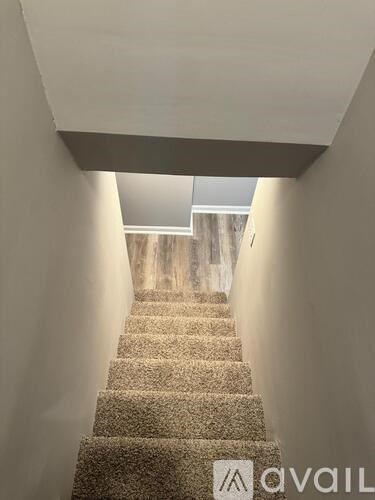 A staircase with a carpeted runner and a wall on the left side.