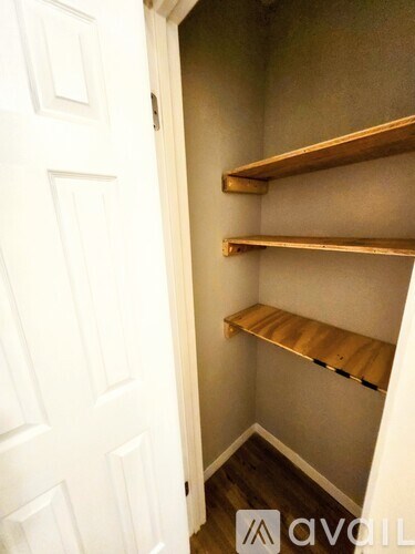 A white door is open to a hallway with two shelves.