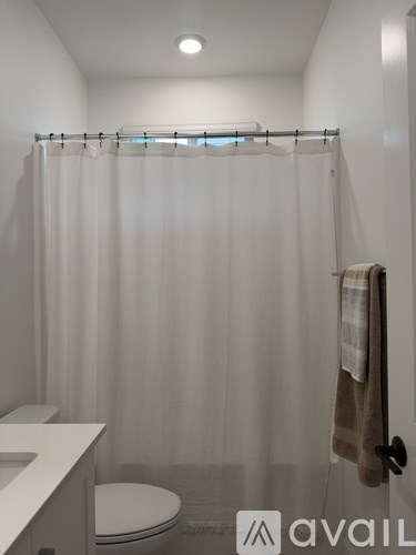 A white bathroom with a toilet, sink, and shower curtain.