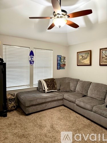 A living room with a grey couch and a ceiling fan.