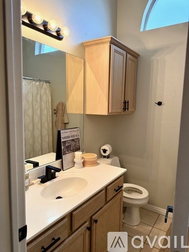 A bathroom with a toilet, sink, and mirror.