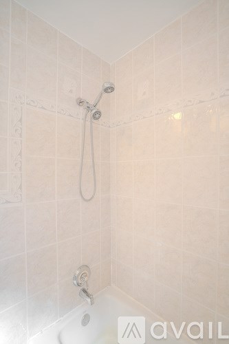 A shower with a white tub and a shower head.