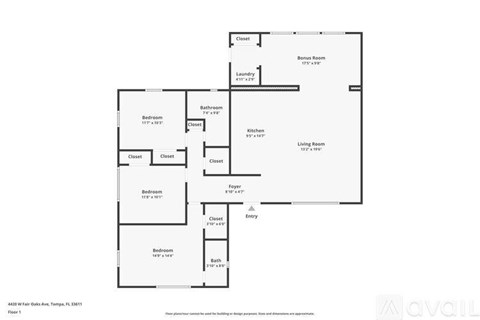 A floor plan of a property with a living room, two bedrooms, a bathroom, and a bonus room.