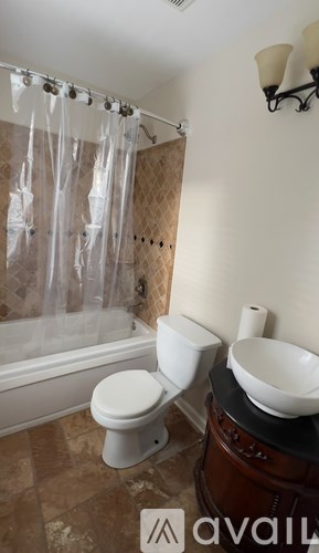 A bathroom with a toilet, sink, and shower curtain.