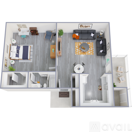 A 3D floor plan of a small apartment with a kitchen, living room, and bathroom.
