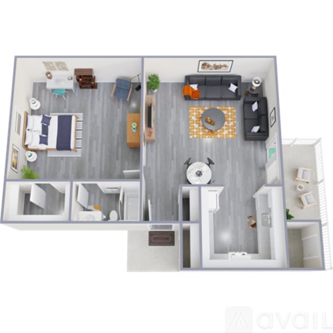A 3D floor plan of a small apartment with a kitchen, living room, and bathroom.