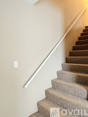 A staircase with a beige carpeted runner and white handrail.