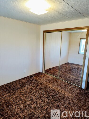 A room with a carpeted floor and a mirrored door.