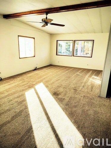 A room with a carpet floor and a ceiling fan.