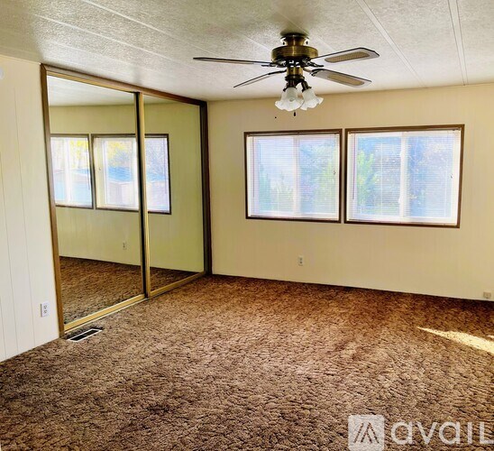 A room with a carpeted floor, a ceiling fan, and a sliding glass door.