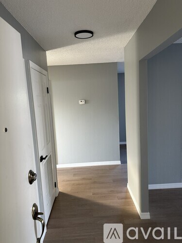 A hallway with a door on the left and a wall on the right.
