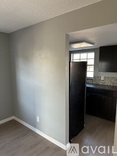 A room with a kitchen area in the background.