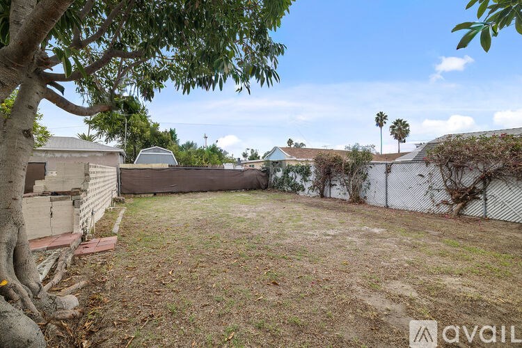 A backyard with a fence and a tree.