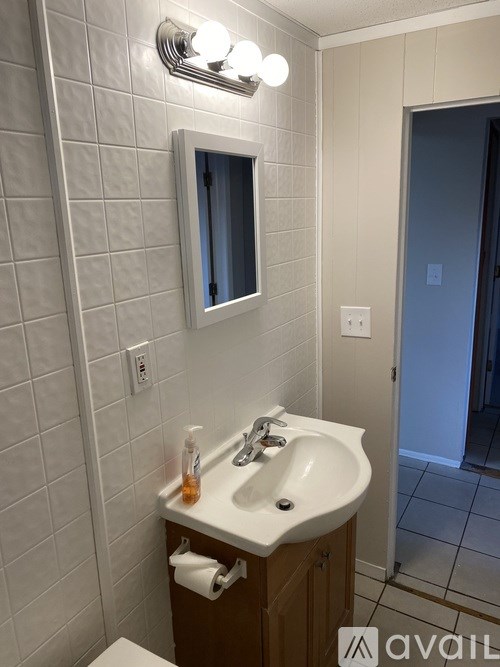 A bathroom with a sink, mirror, and toilet paper.