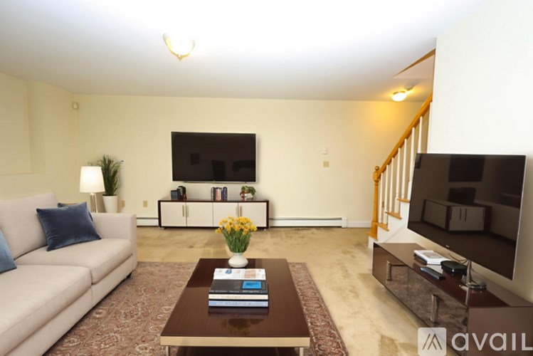 A living room with a couch, a coffee table, and a television.
