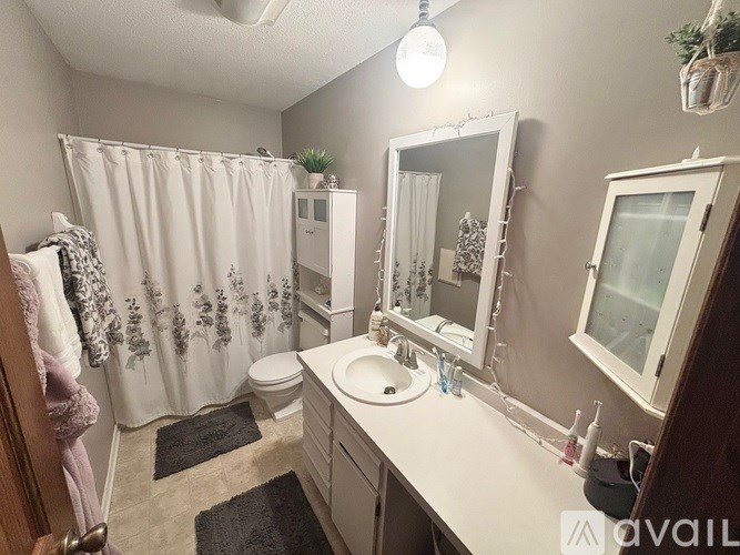 A bathroom with a sink, mirror, and shower curtain.