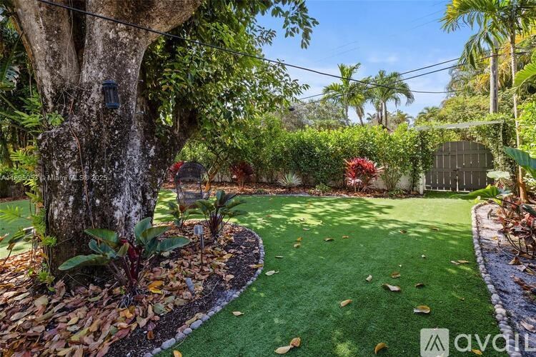 A backyard with a tree, a lawn, and a fence.