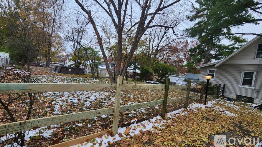 A backyard with a fence and trees.