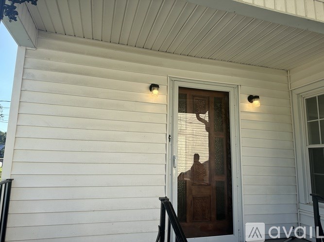 A white house with a brown door and a cat peeking out.