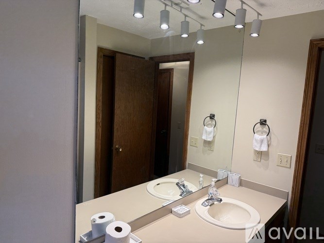 A bathroom with a sink, mirror, and toilet paper.