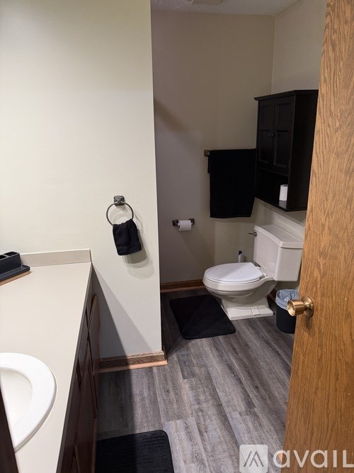 A bathroom with a toilet, sink, and a cabinet.