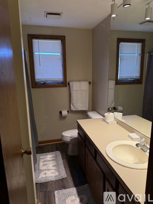 A bathroom with a toilet, sink, and mirror.