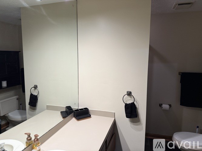 A bathroom with a white counter and a mirror.