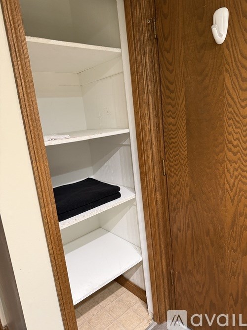 A wooden closet with a mirror on the door.