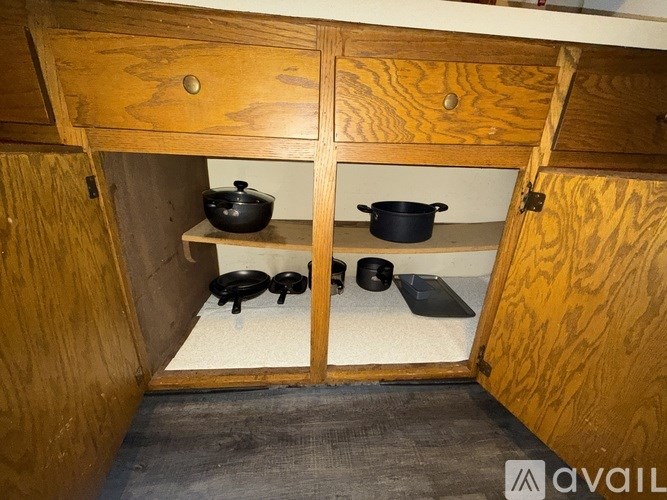 A kitchen cabinet with a pot and pans inside.
