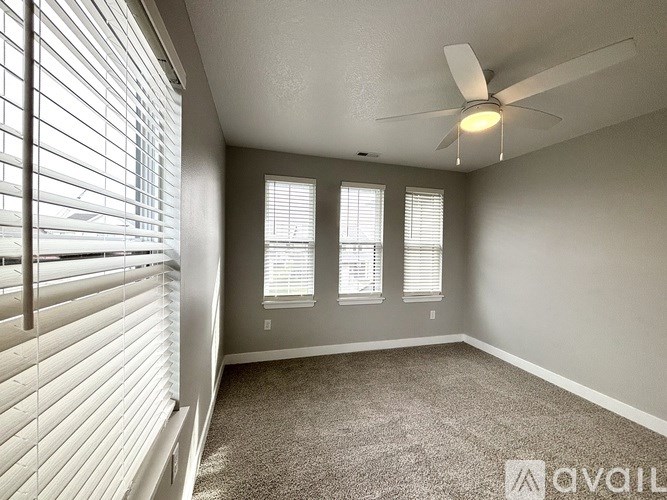 A room with a carpeted floor, a ceiling fan, and a window with blinds.
