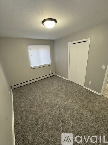 A room with a carpeted floor, a window with blinds, a door, and a ceiling light.