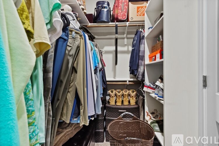 A closet with clothes and shoes is shown.