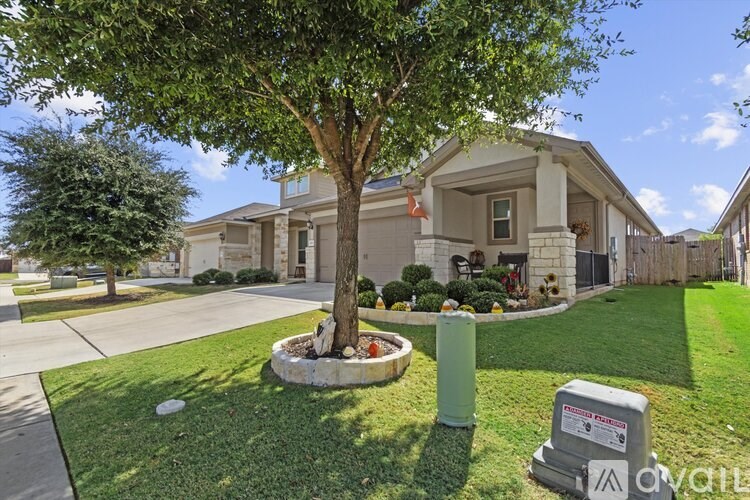 A tree in a front yard with a house in the background.