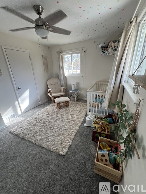 A baby room with a white crib and a grey rug.
