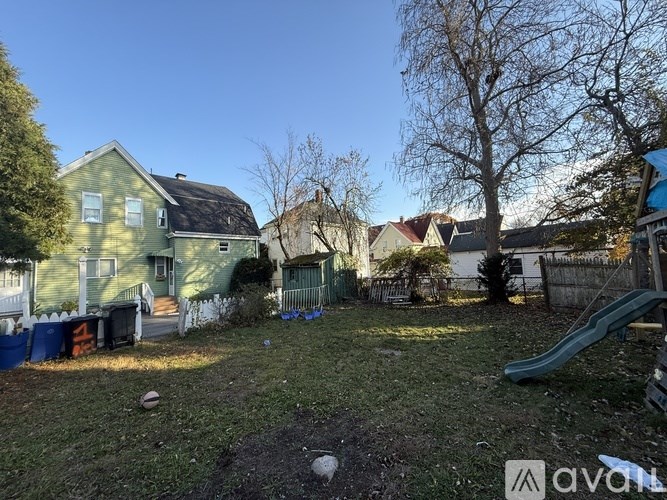 A backyard with a green slide and a tree.