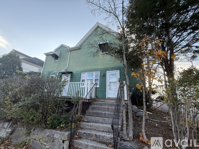 A green house with a white door and a staircase leading to the front door.