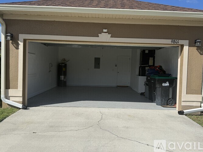 A garage with the number 9801 on the door.
