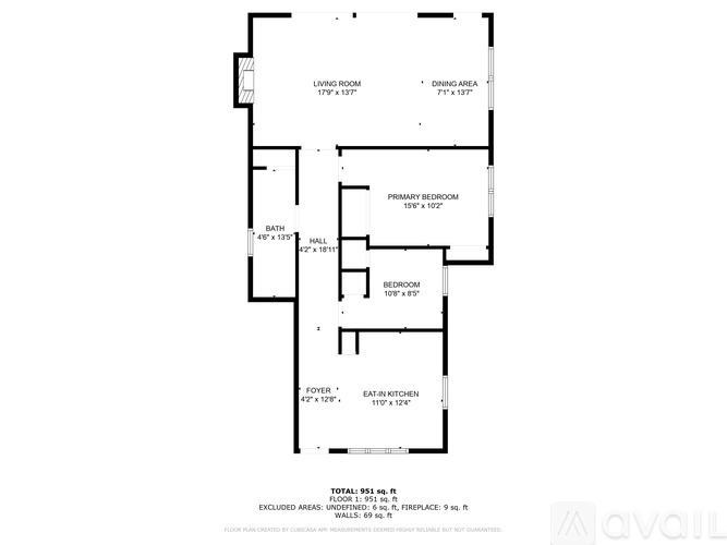 A floor plan of an apartment with a living room, dining area, primary bedroom, bedroom, and a foyer.