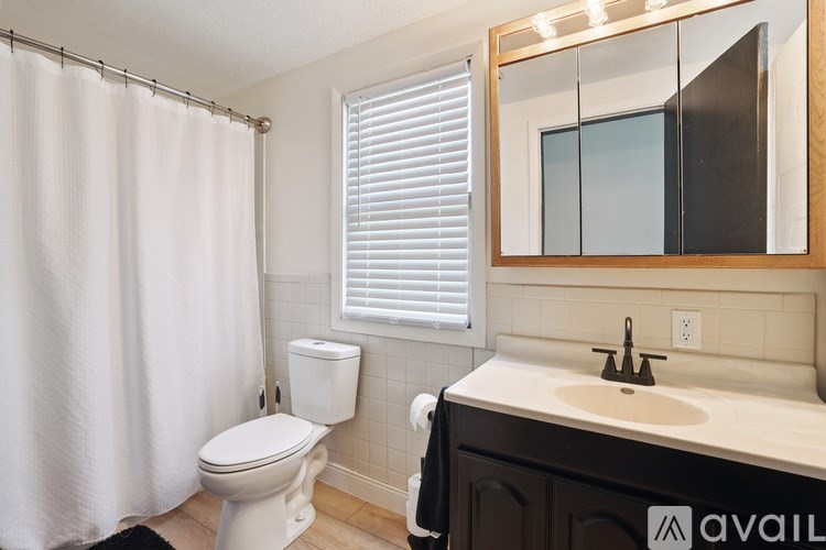 A bathroom with a toilet, sink, and mirror.