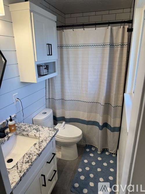 A small bathroom with a toilet, sink and shower.