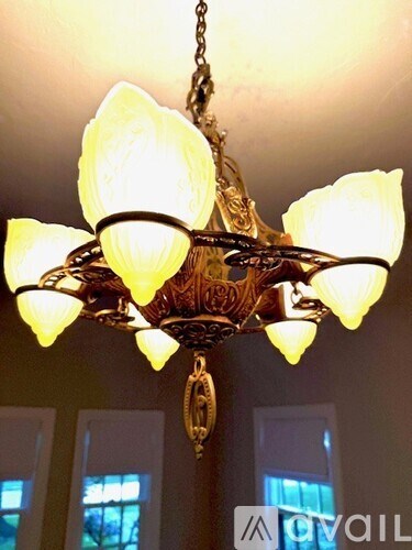 A chandelier with a floral design hangs from a chain.