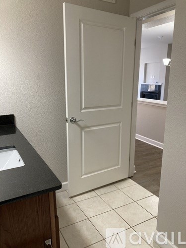 A white door is in a room with a black counter top.