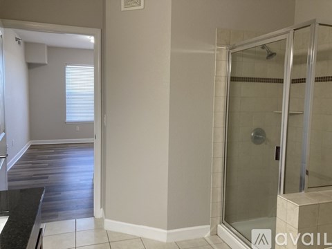 A bathroom with a walk-in shower and a window.