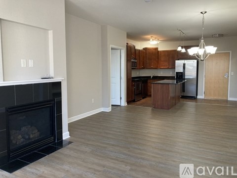 A living room with a fireplace and a kitchen in the background.