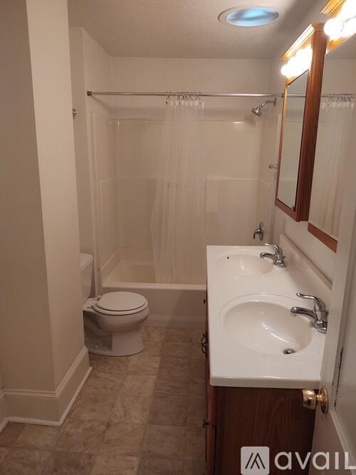 A bathroom with a toilet, sink, and shower.