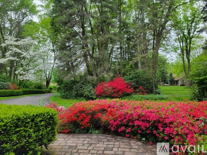 A garden with a brick pathway and red flowers.