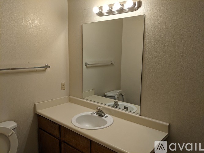 A bathroom with a sink, mirror, and toilet.