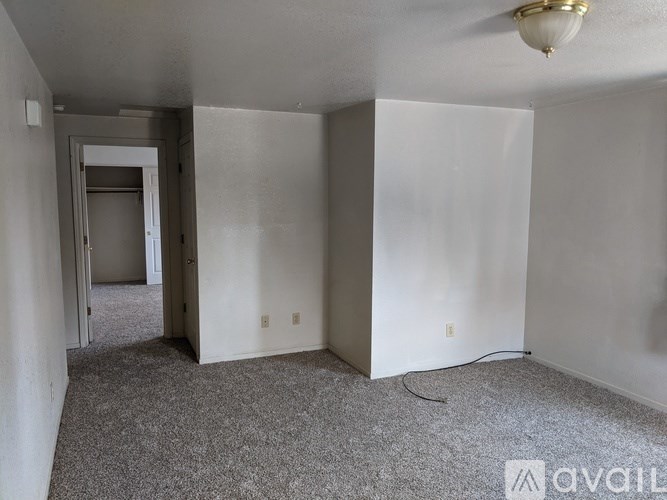 A room with a carpeted floor and a ceiling fan.